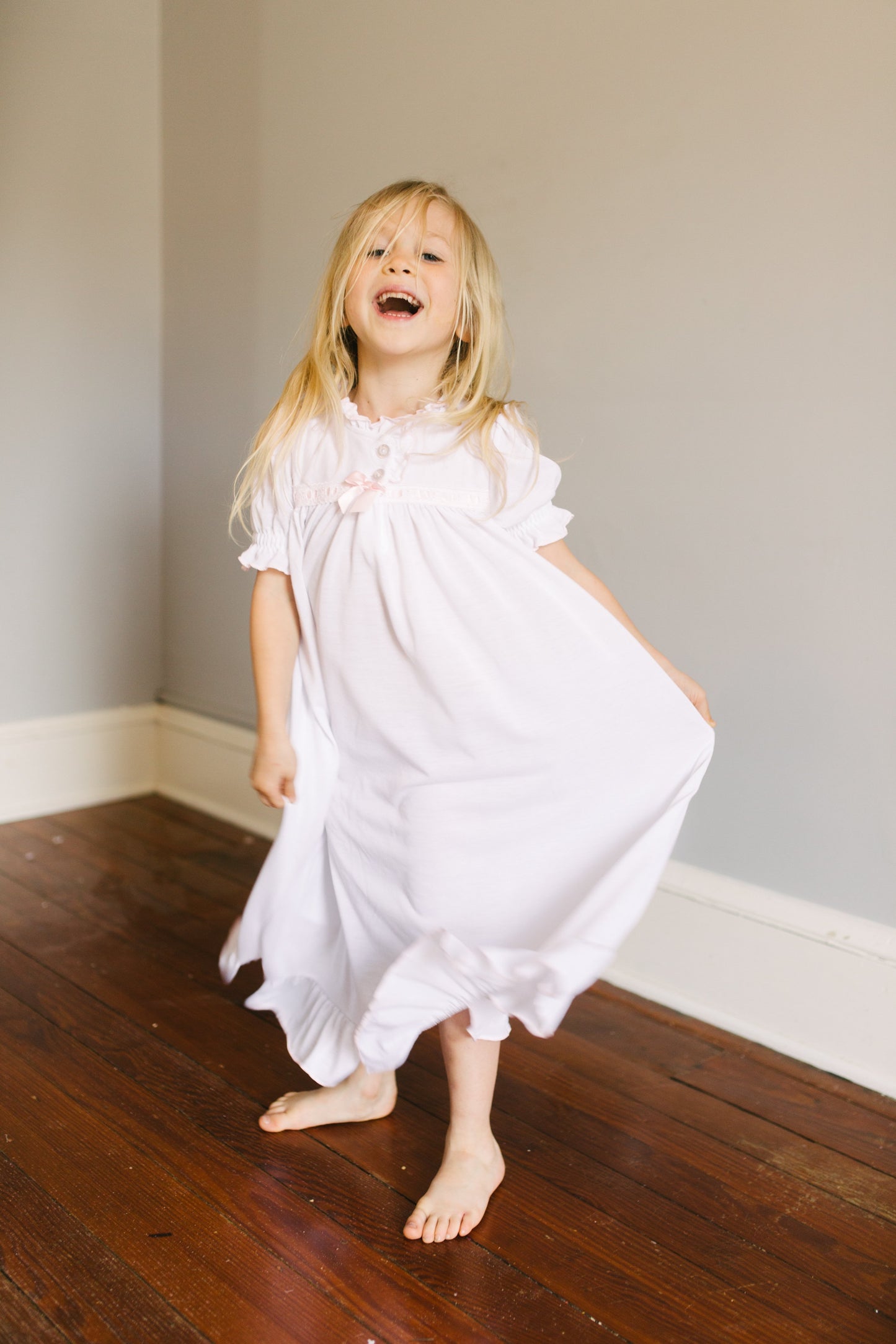 Girls Nightgown in White with Pink Ribbon Inlay