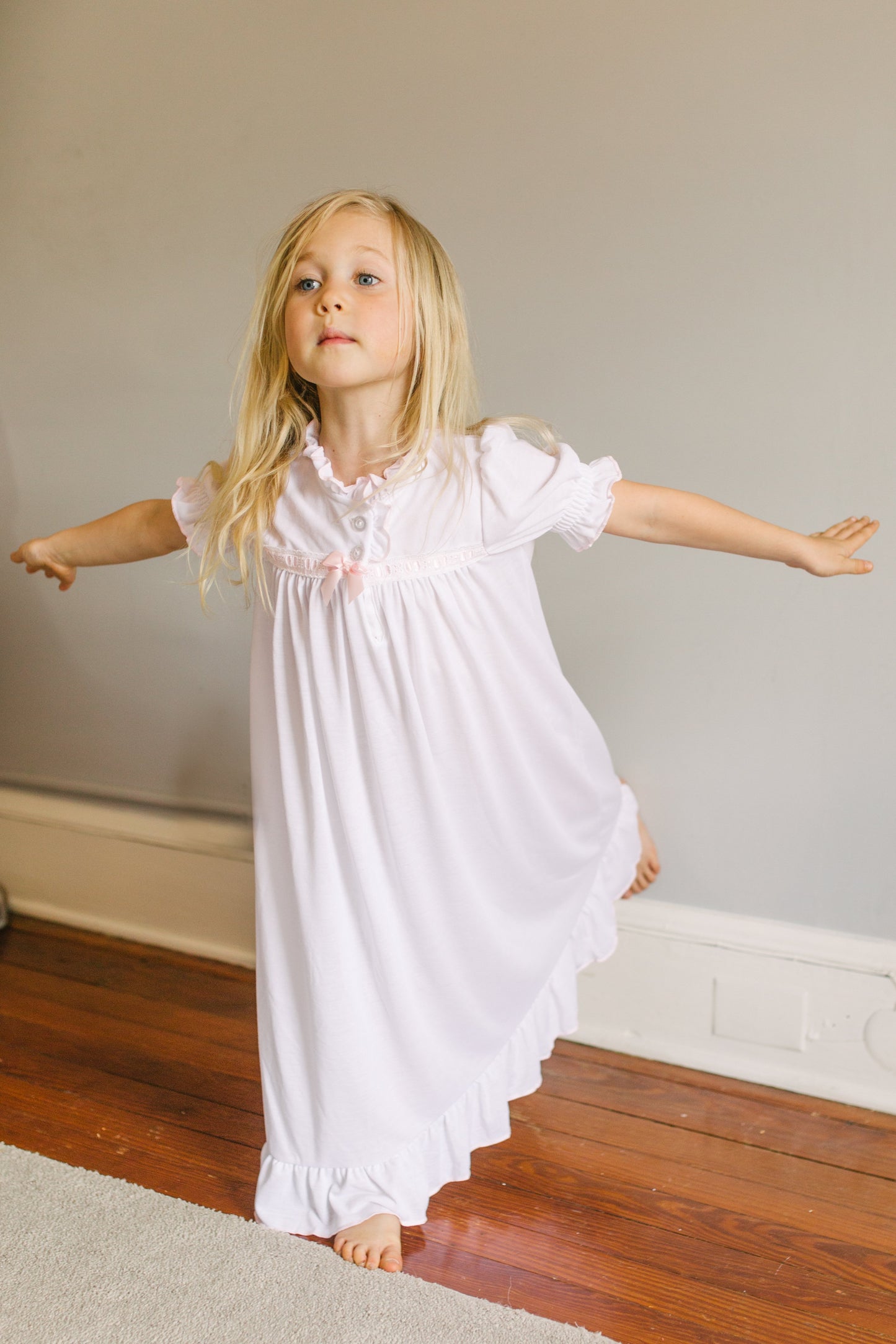 Girls Nightgown in White with Pink Ribbon Inlay