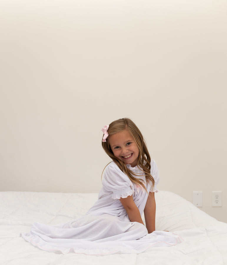 Girls Nightgown in White with Pink Ribbon Inlay